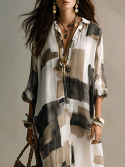 Boho Abstract Print Button-Front Relaxed Fit Maxi Dress