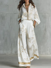Bohemian Luxe Butterfly Jacquard Blouse & Wide-Leg Pants Set