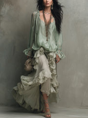 Bohemian Mint Chiffon Ruffle Blouse With Layered Skirt