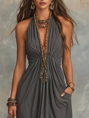 Refined Bohemian Draped Halter Maxi Dress