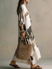Boho Abstract Print Button-Front Relaxed Fit Maxi Dress