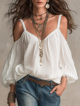 Relaxed V-Neck Cold-Shoulder Boho Blouse