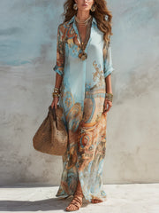 Baroque Style Floral Blue Chiffon Maxi Dress