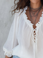 Airy White Lace-Up Boho Blouse