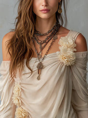 Bohemian Draped Off-Shoulder Floral Chiffon Blouse