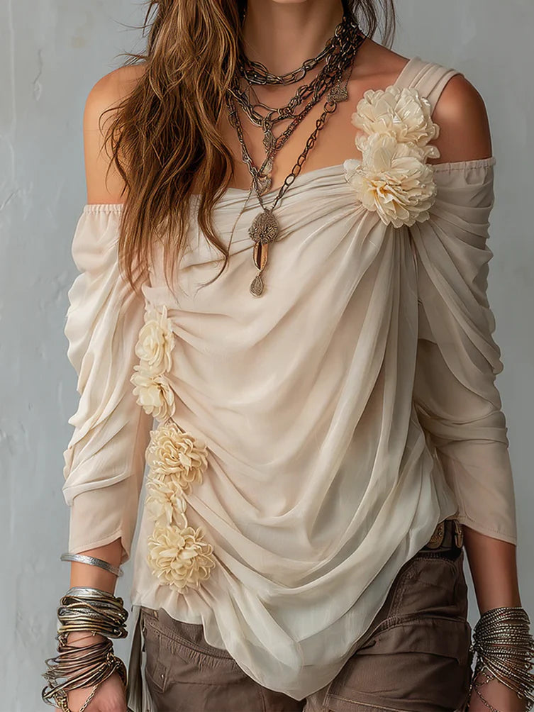 Bohemian Draped Off-Shoulder Floral Chiffon Blouse