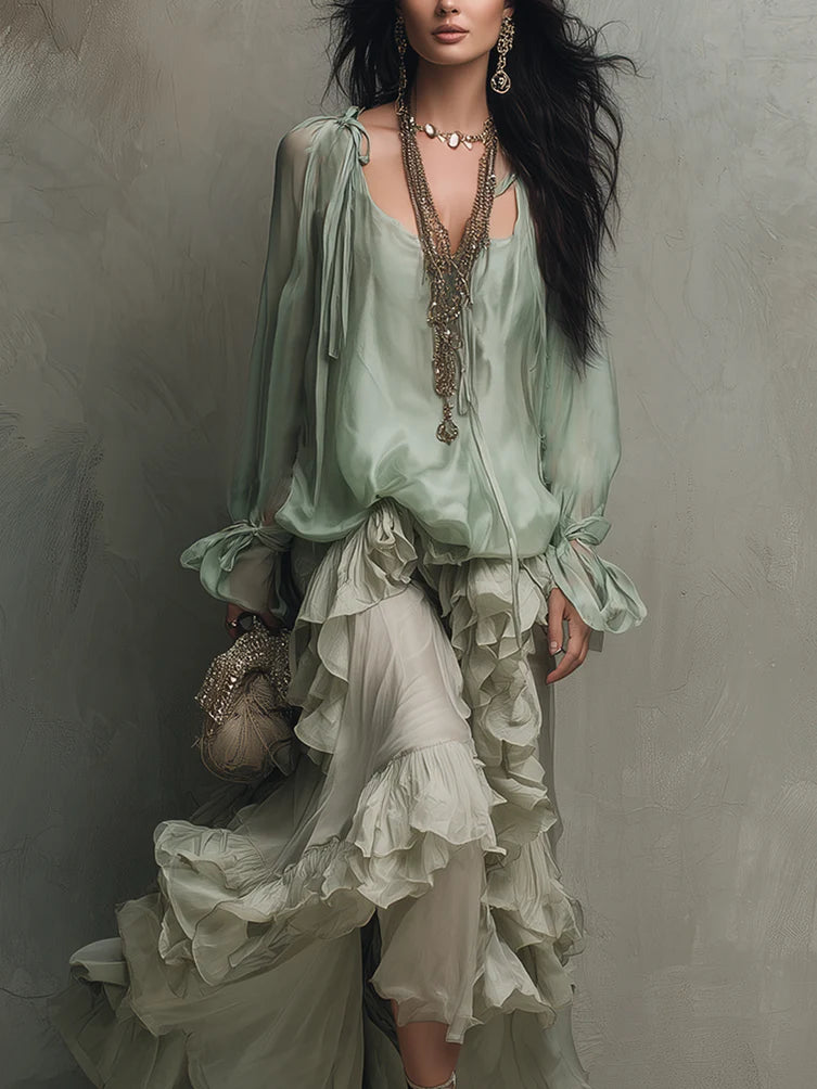 Bohemian Mint Chiffon Ruffle Blouse With Layered Skirt