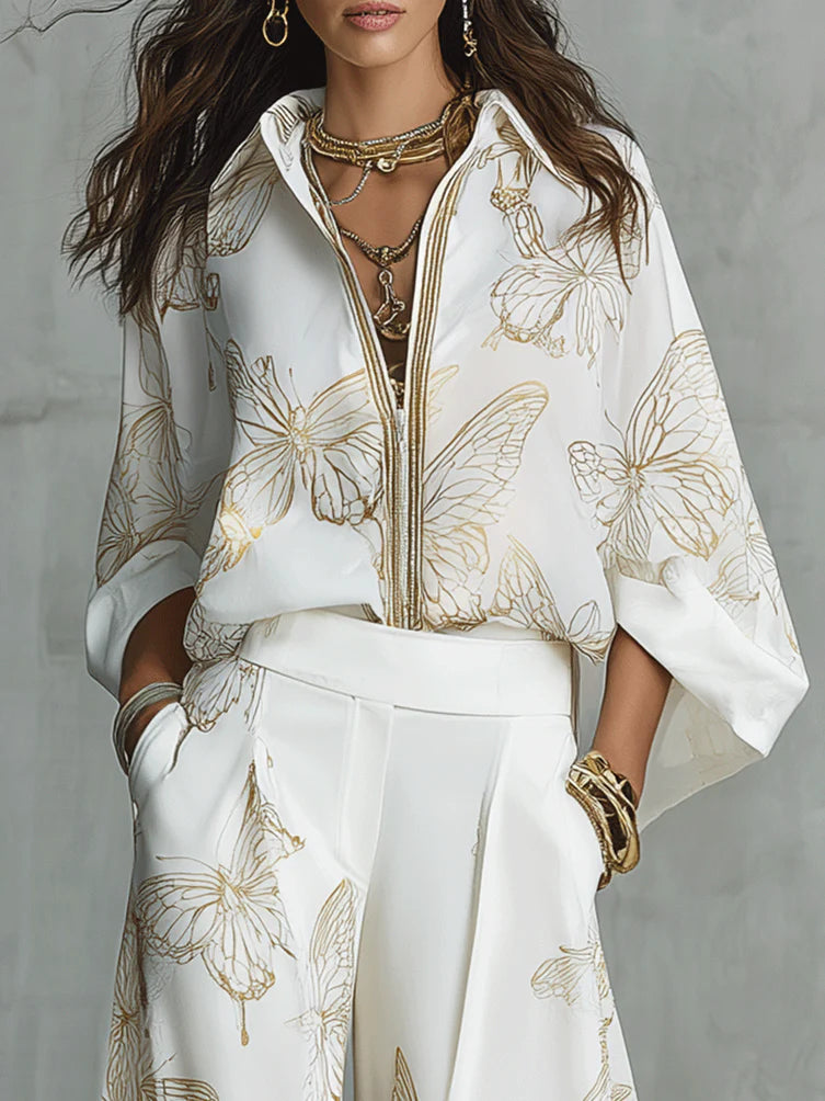 Bohemian Luxe Butterfly Jacquard Blouse & Wide-Leg Pants Set