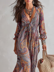 Vintage Paisley Print V neck Dress With Tie Waist