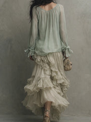 Bohemian Mint Chiffon Ruffle Blouse With Layered Skirt