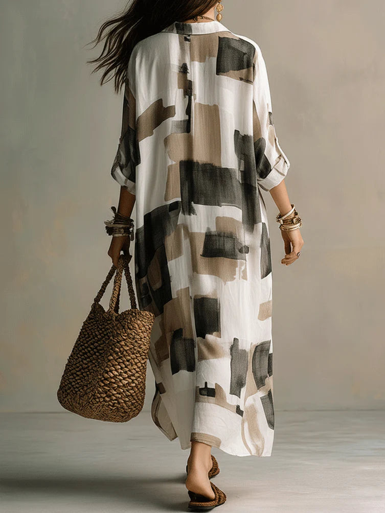 Boho Abstract Print Button-Front Relaxed Fit Maxi Dress