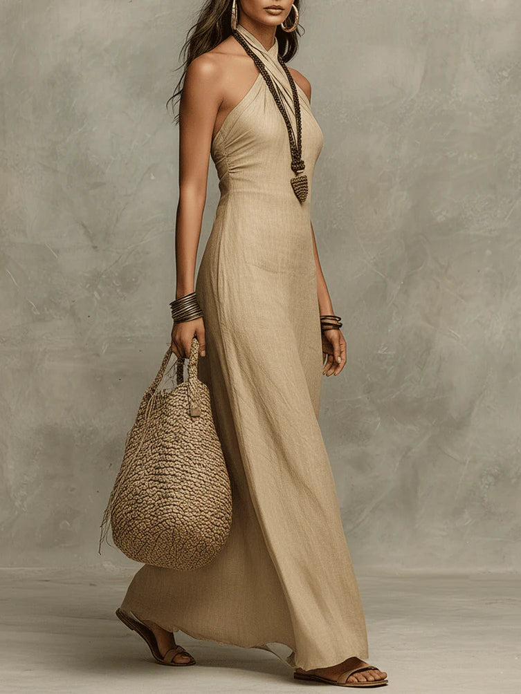 Relaxed Soft Drape Halter Column Linen Halter Maxi Dress