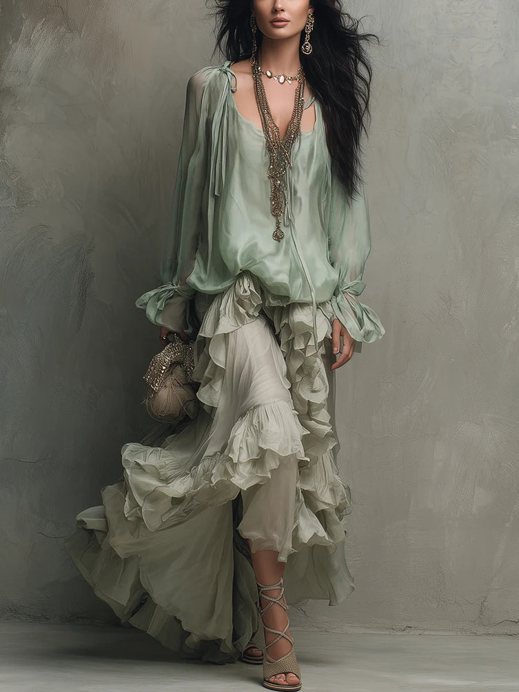 Bohemian Mint Chiffon Ruffle Blouse With Layered Skirt