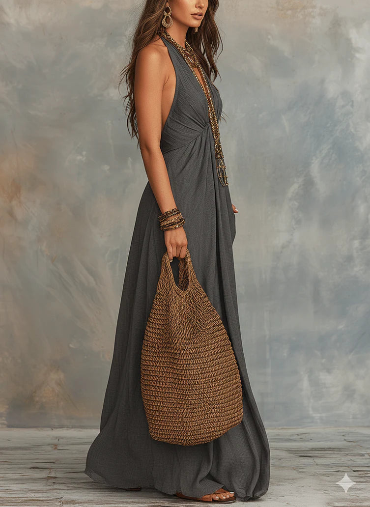 Refined Bohemian Draped Halter Maxi Dress